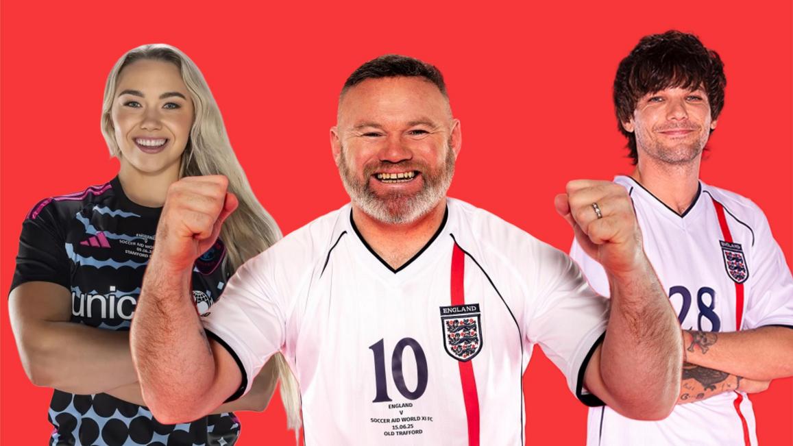 Diamond, Wayne Rooney và Louis Tomlinson trong trang phục Soccer Aid.