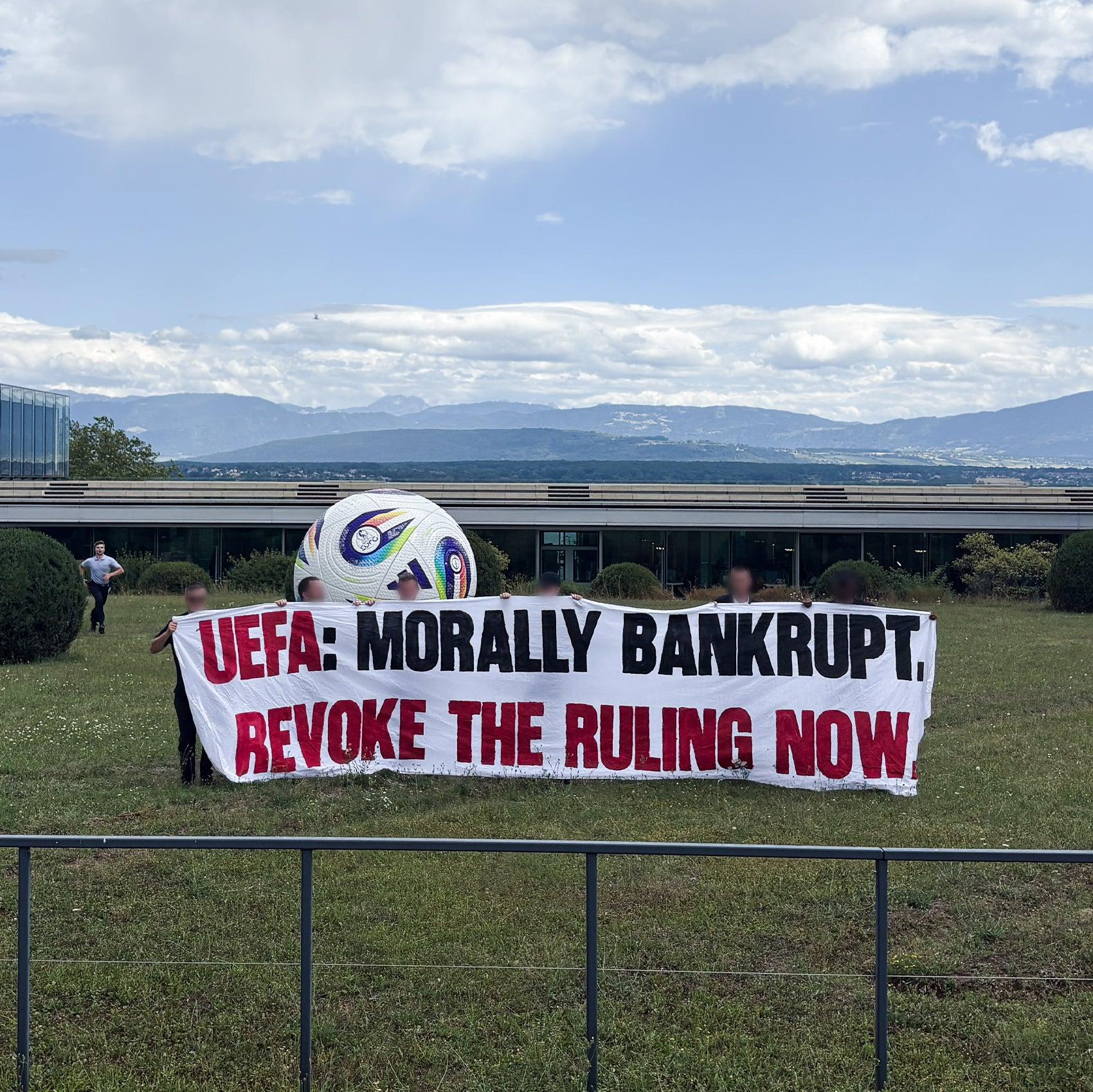 Crystal Palace ultras at Uefa's headquarters this afternoon