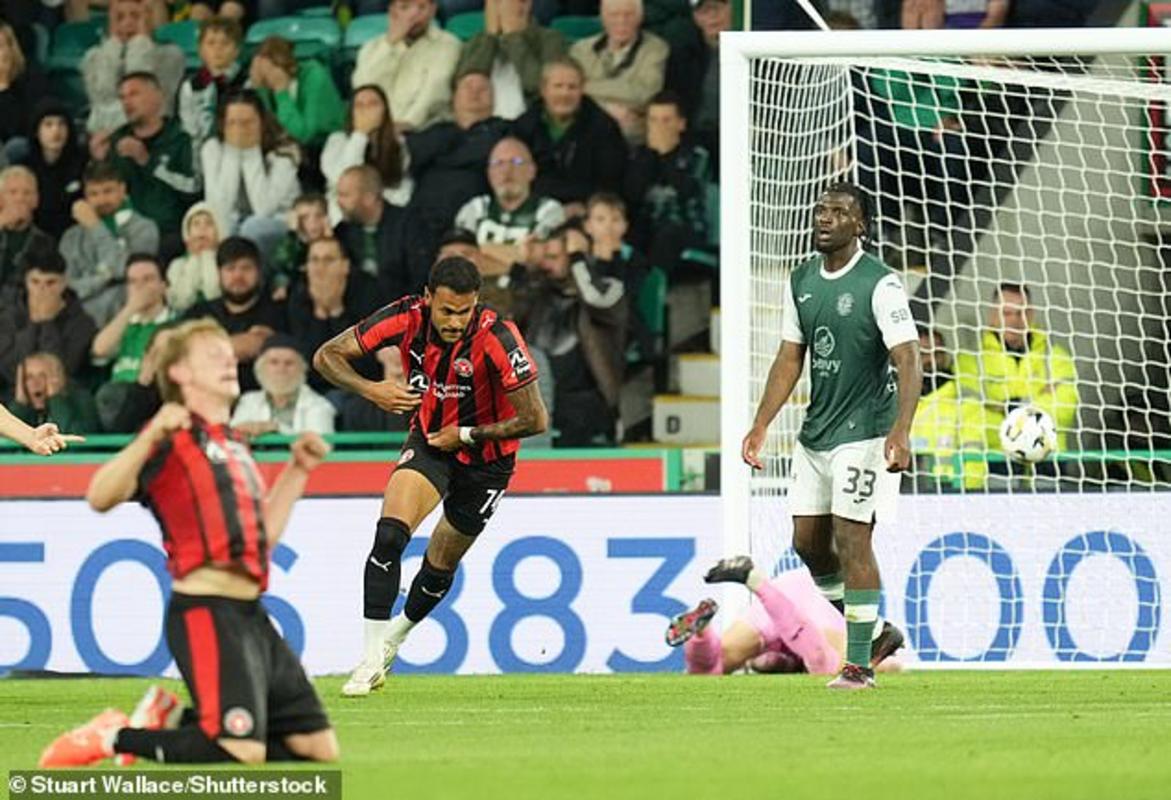 Cầu thủ ghi bàn quyết định của Midtjylland ăn mừng khi không khí chết lặng bao trùm Easter Road