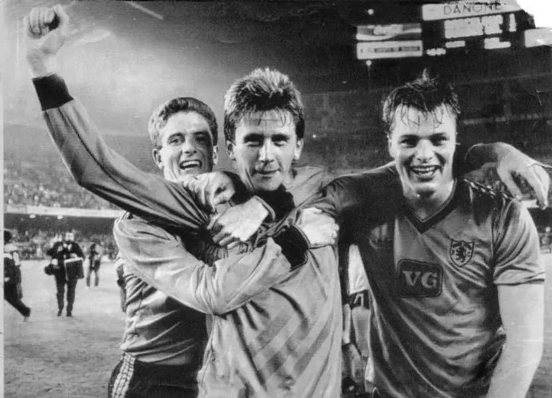 Kevin Gallacher, Iain Ferguson and John Clark celebrate the famous win