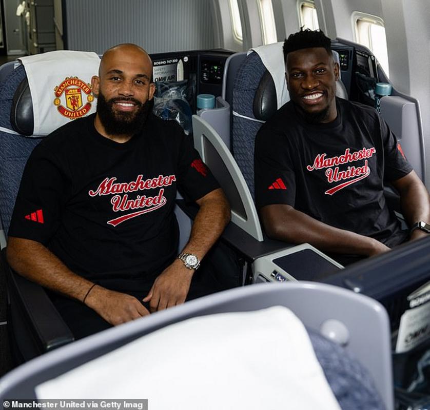 Mbeumo sat next to fellow Cameroonian Andre Onana as United prepared to jet off to Chicago