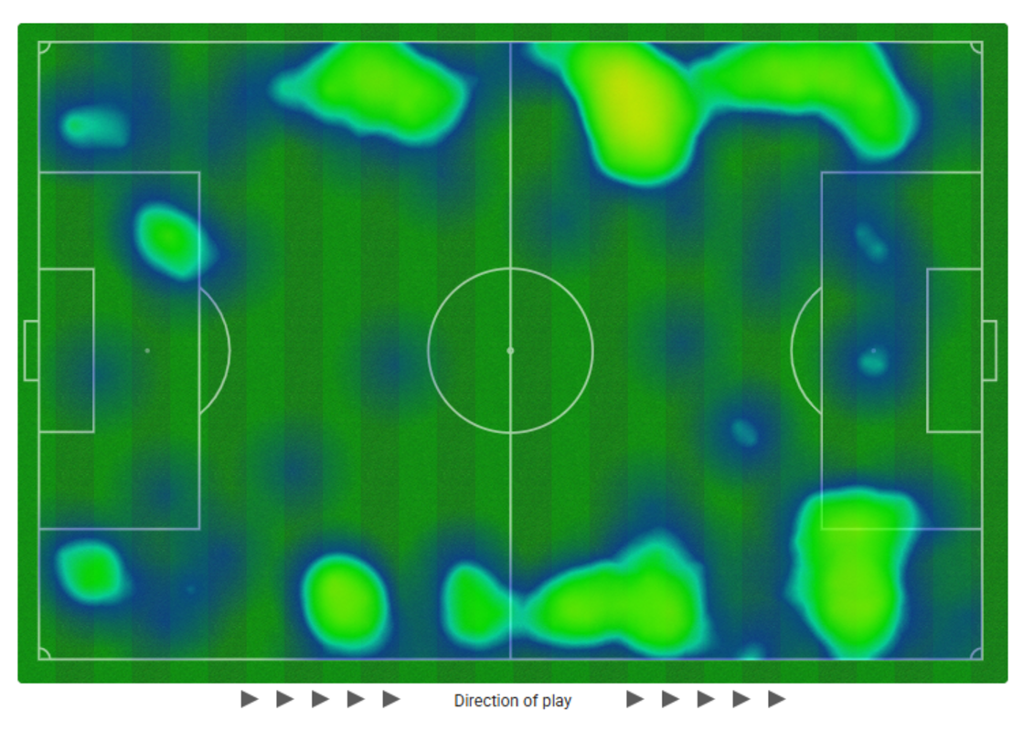 Bản đồ nhiệt hiển thị tổng số lần chạm bóng của các hậu vệ cánh của Man Utd Patrick Dorgu, Diogo Dalot và Amad Diallo (người thay Dalot sau 55 phút)